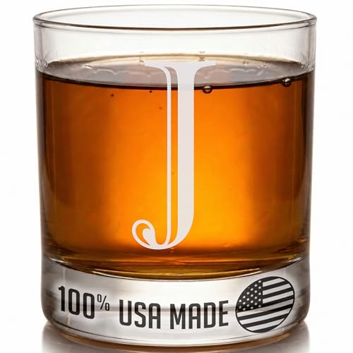 Etched Monogram 11oz Whiskey Rocks Glass (Letter J), A-Z Customized Bourbon Gifts for Men...