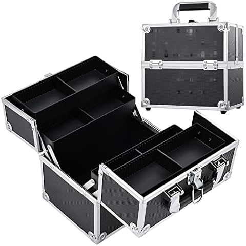 Frenessa Makeup Train Case Cosmetic Organizer Case Professional Makeup Storage Box 4 Trays with Divider Lockable Travel Case Portable Travel Makeup Box for Makeup Artist, Carfter, Cosmetics Black Cover