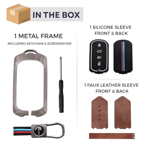 Image of KEYCEPT Metal Alloy Key Cover Compatible for Tata Curvv, Curvv EV Smart Key with Keychain (Dual Black & Tan).