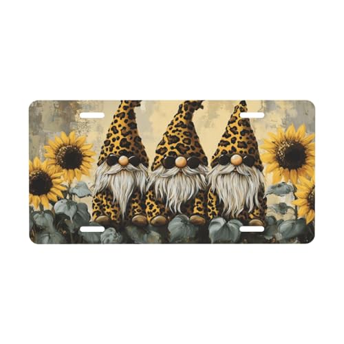 Leopard Gnomes Sunflower License Plate Cover Front License Plate Frames Aluminum Car Accessory for US Vehicles with 4 Holes Auto Novelty Vanity Tag Metal Signs Hanging Decor Gift 6 X 12 Inch