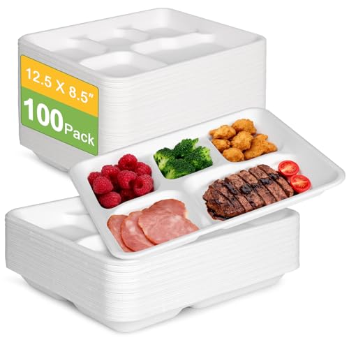 Qi Boo Compostable 5 Compartment Plates Disposable, 12.5 x 8.5 inch, [100-Pack] Heavy Duty Paper Plates with dividers, Sturdy School Lunch Trays, White Large Paper Dinner Plates for Buffet Party