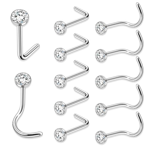 Stud Nez En Or Blanc 9K Avec Pierre CZ - Piercing L Bend 22G - Parfait Pour Look Élégant Et Discret