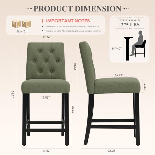 Image of MALOL Bar Stools Set of 4, Fabric Counter Height Bar Stools, Green