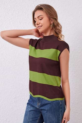 Image of Arach&Cloz Women's Striped Cap Sleeve Tops 2025 Spring Color Block Summer Lightweight Sweater Vest Mock Neck Shirts