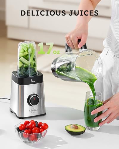 Image of Sangcon Blenders and Food Processor Combo for Kitchen, 5 in 1 Blender for Shakes and Smoothies, Meat Chopped, Grinding & more, 40 oz Jar & 17oz Cup with To-Go Lid, Stainless Steel Silver