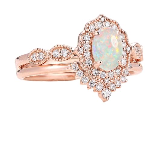 Opal Wedding Ring Sets for Women 1 Carat Oval Opal Bridal Ring Set S925 10k 14k 18k Unique Opal Jewelry2