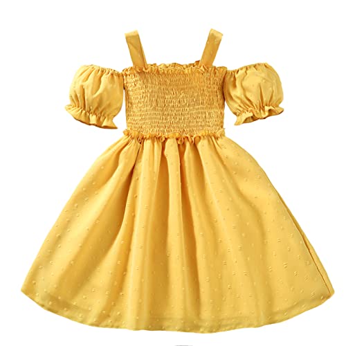 Grnshts Toddler Baby Girl Dress Off Shoulder Ruffle Soild Color Princess Party Dresses Little Girls Summer Tunic Dress(Yellow, 18-24 Months) #TOP15
