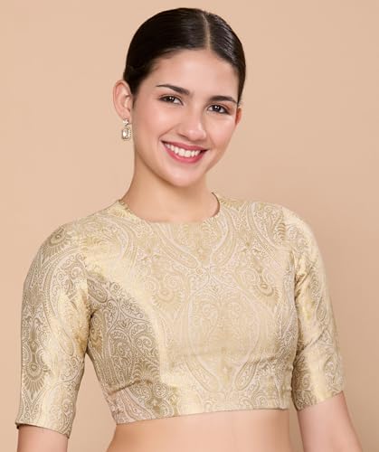 Image of Studio Shringaar Women Brocade Silky Jewel Neck Readymade Elbow Length Sleeve Saree Blouse