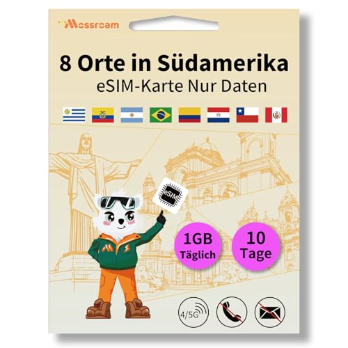 eSIM für 8 Länder in Südamerika, Internationale Reisen, 4/5G LTE Prepaid 10-Tage-Plan, nur 1 GB Daten täglich