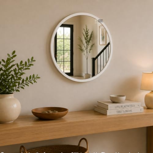 Image of Ali.G.I Round Wall Mirror, Modern Metal Framed Decorative Circle Vanity Mirror for Bathroom, Living Room, Bedroom & Entryway (White 18 inch)