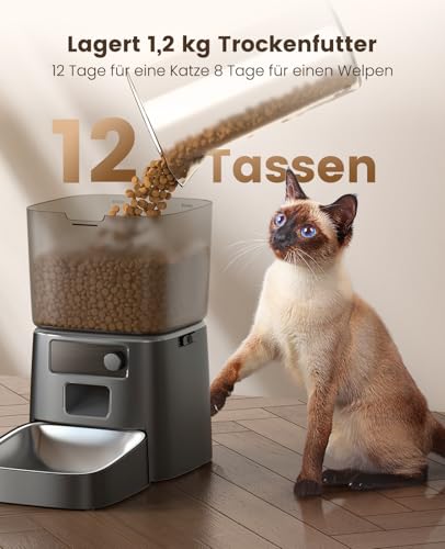 oneisall 3.5L Futterautomat Katze, WiFi Intelligenter Katzenfutter Automat, APP-Steuerung, 1-12 Mahlzeiten pro Tag, Futterspender für Katzen/Hunde, mit Edelstahlnapf (Schwarz)
