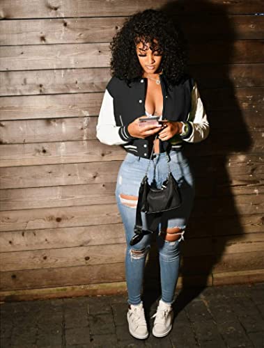 Women's Cropped Varsity Jacket Long Sleeve Casual Baseball Jacket Color Block Vintage Button Down Bomber Jackets2