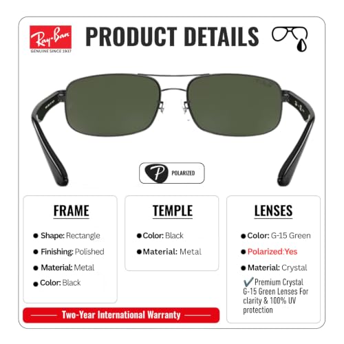 Image of Ray-Ban RB3445 Rectangle Shaped Sunglasses for Men with Official RAYBAN Eyewear Kit