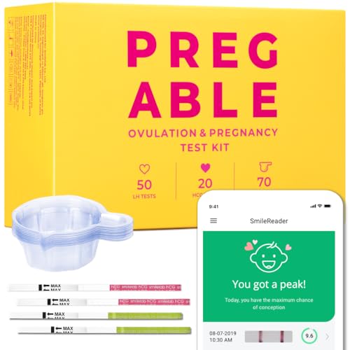 PREGABLE Combo Kit: 50 Ovulation Tests, 20 Pregnancy Tests & 70 Cups, Free Tracker app, SmileReader, OPKs, HPTs (140)