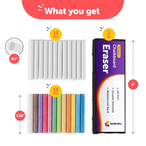 Kedudes Dustless Chalk with Eraser, 24pk - 12 Colored Chalkboard Chalk and 12 White Chalk for Chalkboard and Chalk Board Eraser, Outdoor Chalk, Chalk, Eraser Set - Blackboard Chalk with Chalk Eraser