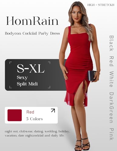 Image of HomRain Mesh Bodycon Dress for Women Square Neck Sexy Ruched Elegant Cocktail Party Midi Dresses
