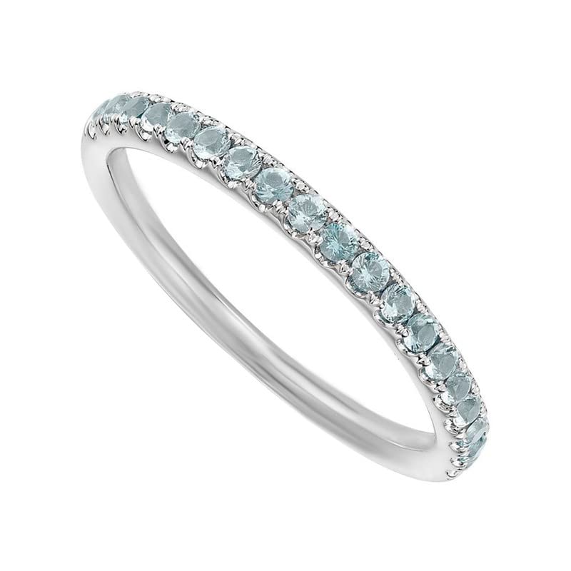 925 Sterling Silver Round Shape Natural Aquamarine Birthstone Gemstone Silver Eternity Band Ring