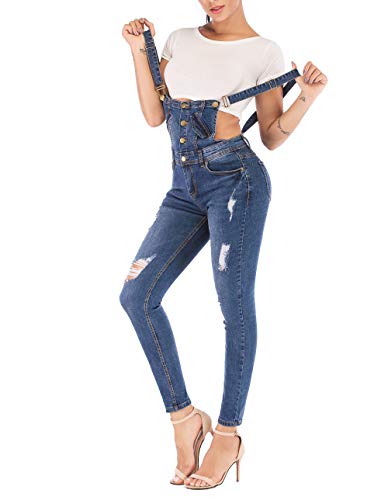 MEISITE Women's Classic Denim Bib Strap Ripped Slim Fitted Overalls with Comfort Stretch (X-Large, Blue2)