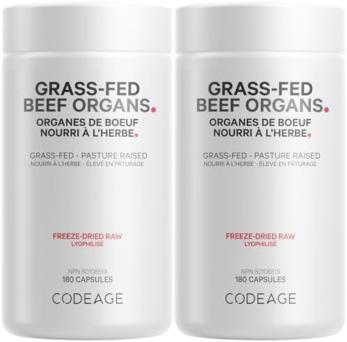 Codeage Grass Fed Beef Organs Supplement – Glandulars Supplements - Freeze Dried, Non-Defatted, Desiccated Liver, Heart, Kidney, Pancreas & Spleen Bovine Capsules - 2 Pack