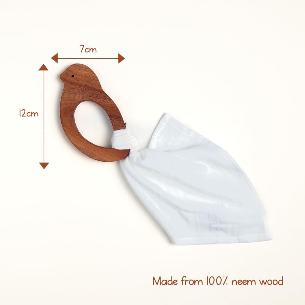 Gubbachhi Chimani with Cream Swaddle Gift Set | Neem Wood Teether & Muslin Swaddle Combo | Newborn Gift idea | Gifting for Infants/Babies | Toy for Gifting | Handmade in India | Age (3 Months +) 4
