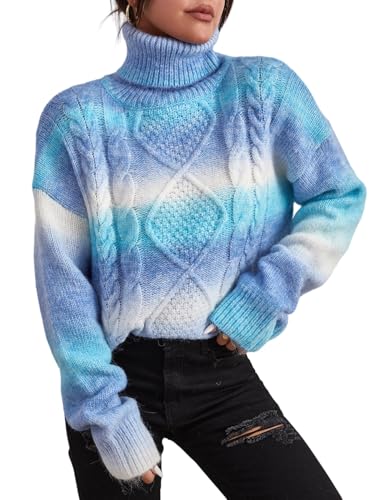 Women's Turtleneck Cable Knit Sweater, Blue Tie...