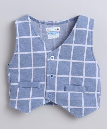 Image of BUMZEE Boys Regular Fit Full Sleeves Collar Neck Cotton Shirt Waistcoat Short Set With Applique Bow