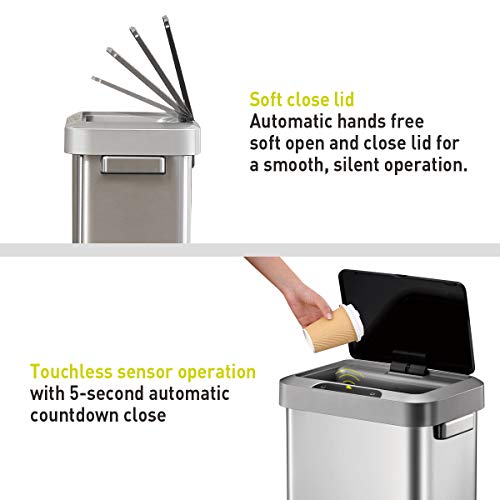 Image of EKO EK9262MT-45L Horizon 45 Liter /11.9 Gallon Rectangular Motion Sensor Trash Can or Recycling Bin, Brushed Stainless Steel Finish