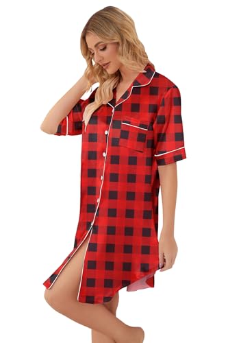 Image of Schbbbta Girls & Women Silk Nightgown, Short Sleeve Button Down Satin Nightshirt Pajama House Dress, 3 Years- Women 2XL