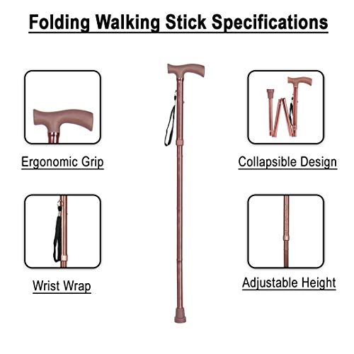 Image of Dr Care 4 Folding Walking Stick for Old Age | Aluminum | Adjustable Height 85-95 cm | Lightweight | Anti Slip | Ergonomic Handle | Rubber Tip | Wrist Strap (Brown)