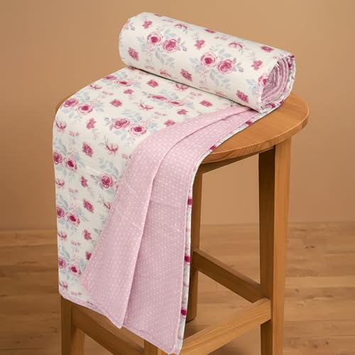 Image of HUESLAND 100% Cotton Reversible Dohar Single Bed Cotton | Soft Cambric Weave, Lightweight AC Blanket for Summer & All Weather Use | 56 x 89 inches, Floral Medley - Ivory & Pink