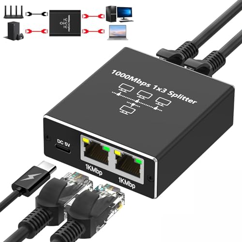LAN Splitter 1 auf 3 Ethernet Splitter 1000 Mbps LAN Switch 3 Port mit Typ-C Netzkabel, Ethernet Switch RJ45 für Computer, Router, Set-Top Box, ADSL, Digital TV, et