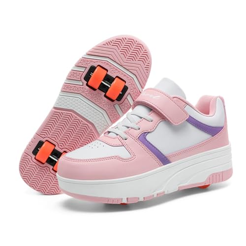 Mateju Scarpe con Rotelle da Bambina Ragazzo Ragazza Sportive Scarpe da Skateboard, 4 Rotelle Rimovibile Skateboard Ginnastica da Pattini Sneakers per Bambino, 30-40 EU (Rosa,39)