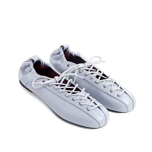 STALOV Lace Up Ballet Flats for Women Round Toe Leather Mary Jane Shoes Fashion Comfort Dress Work Casual Slip On Flat Shoes Blue US9.5