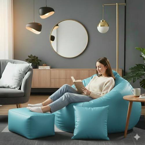 Image of Luxury 5XL Jumbo Bean Bag with Footrest & Cushion | Premium Leatherette | High-Density Beans Filled | Heavy Duty Double Stitch | 6 Months Warranty Color- (Navy Blue) (Aqua)