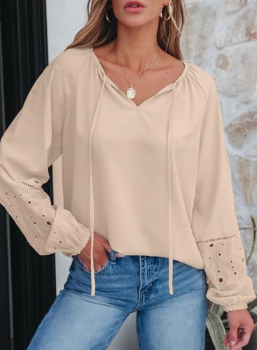 EVALESS Womens Tops Dressy Casual V Neck Long Sleeve Hollow Out Embroidered Blouses Shirts Spring Summer Outfits 20252