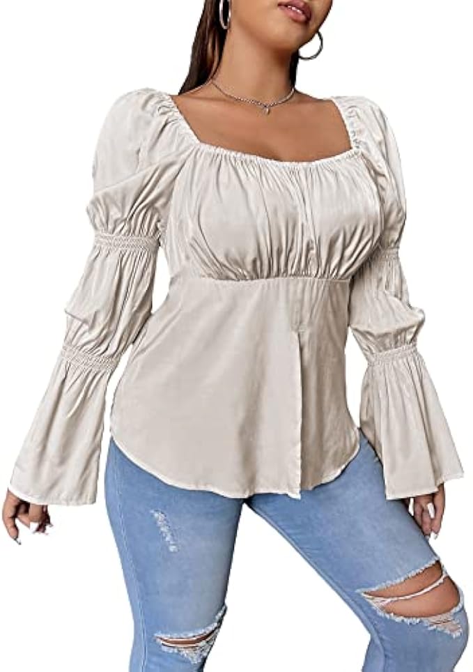Floerns Women's Plus Size Ruched Split Hem Square Neck Flounce Sleeve Blouse Top