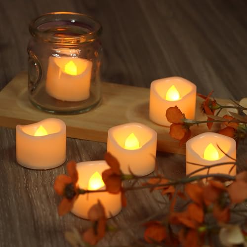 Image of CANDLE CHOICE Battery Operated Flameless Tea Lights Bright Flickering LED Tealight Votive Candles for Wedding Party Table Centerpieces Halloween Christmas Decoration Batteries Incl Amber Light 24 Pack