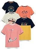 HELLCAT Boys Cotton Blend Regular Fit Trendy Typographic Printed Half Sleeve T-Shirt - Pack of 5 / Pink & Yellow & Beige & Saffron & Navy Blue / 5-6 Years