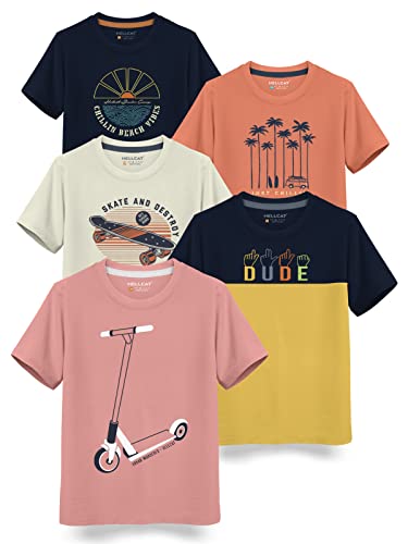 Image of HELLCAT Boys Round Neck Printed Blended Cotton Tshirt -Combo Pack of 2 - Orange /Blue