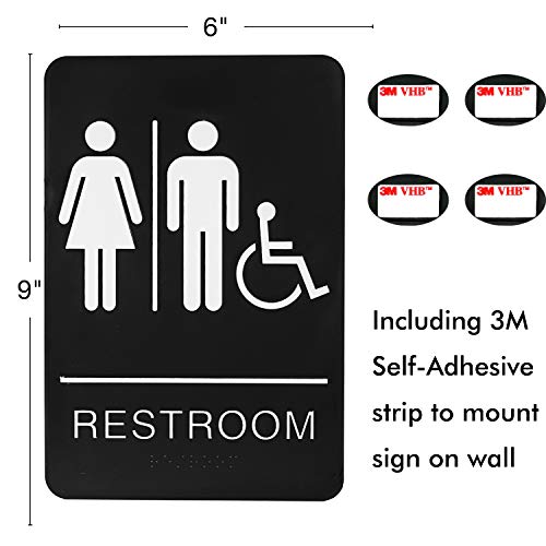 self-stick ada braille unisex restroom signs-bathroom signs with double sided 3m tape for office or business bathroom and toilet door or wall decor 9x6