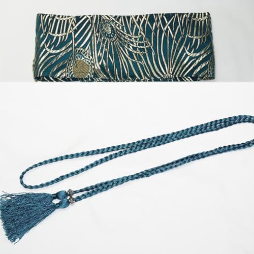 Tong Gu Tassel Women Brocade Corset Belt Waistband Wide Retro Japanese Obi Peacock Pattern4