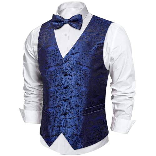 Image of DiBanGu Mens Paisley Suit Waistcoat,Silk Dress Vest and Bowtie Pocket Square Cufflinks with Lapel Pin Set for Wedding Tuxedo