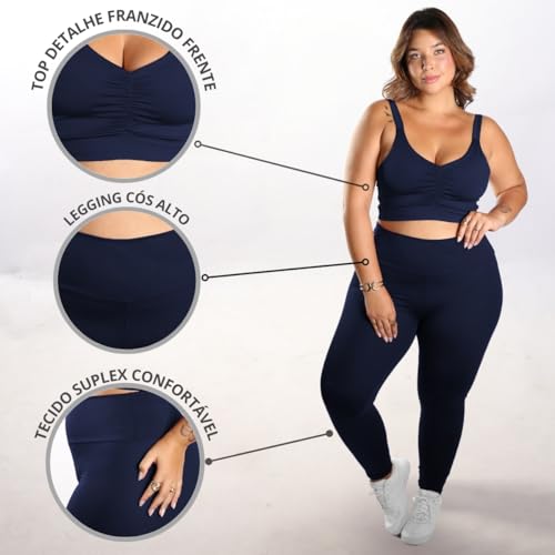 Conjunto Fitness Plus Size, Legging Cintura Alta e Top Franzido, Suplex, Preto (BR, Alfa, XG, Plus S
