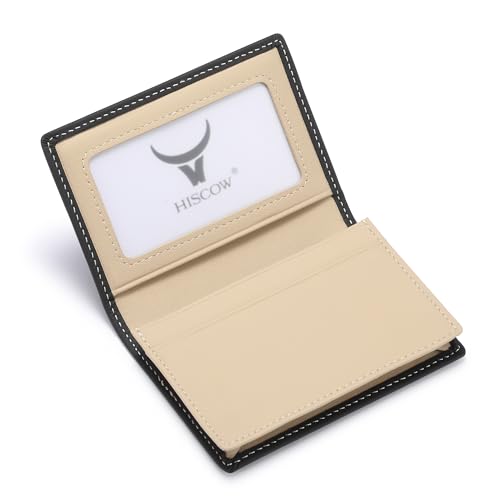 Image of HISCOW Full Grain Leather Business Card Holder Case | Minimalist EDC wallet, gusset holds 25 cards, ID window, fits folded bills, bifold profile, premium gifts for men & women