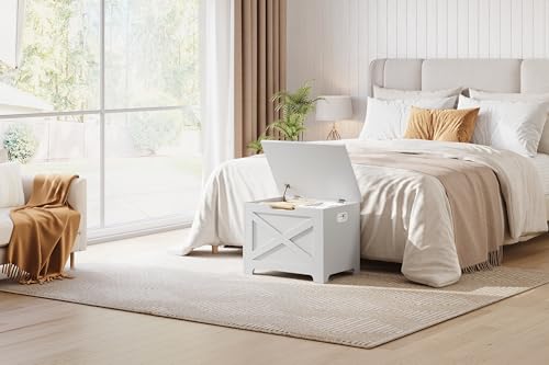 Miniatura 6 de Garvee Banco Almacenaje De Mdf, Patas Estilizadas Con Patrón En X, Para Pasillo Dormitorio Salón, 60 40 45 Cm, Color Blanco Mate