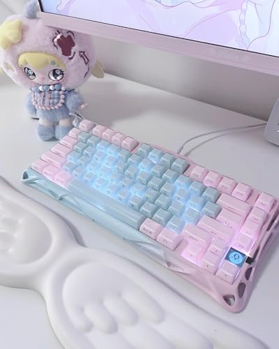 GravaStar K1 Lite かわいい ゲーミングキーボード 無線 ワイヤレス 75%レイアウト テンキーレス ホットスワップ対応 ガスケット搭載 Bluetooth 5.0/2.4G/有線接続 ブルーとピンクバイカラー プディングキートップ RGBバックライト US配列 メカニカルキーボード Windows/Mac用 オーロラブルー
