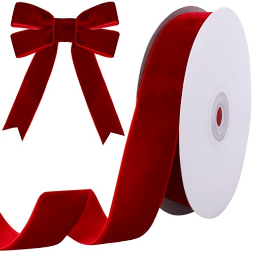 Tsorode 10 Yards Red Velvet Ribbon 1 Inch for Christmas Tree Velvet Christmas Ribbon for Gift Wrapping Crafts Bow Wreath Holiday Decorations (Red)