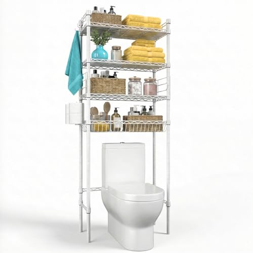 Image of Over The Toilet Storage Shelf - 4-Tier Adjustable Metal Bathroom Organizer Shelves, Freestanding Space Saver with Basket & Paper Holder, Bathroom Storage Rack Above Toilet for Laundry, White