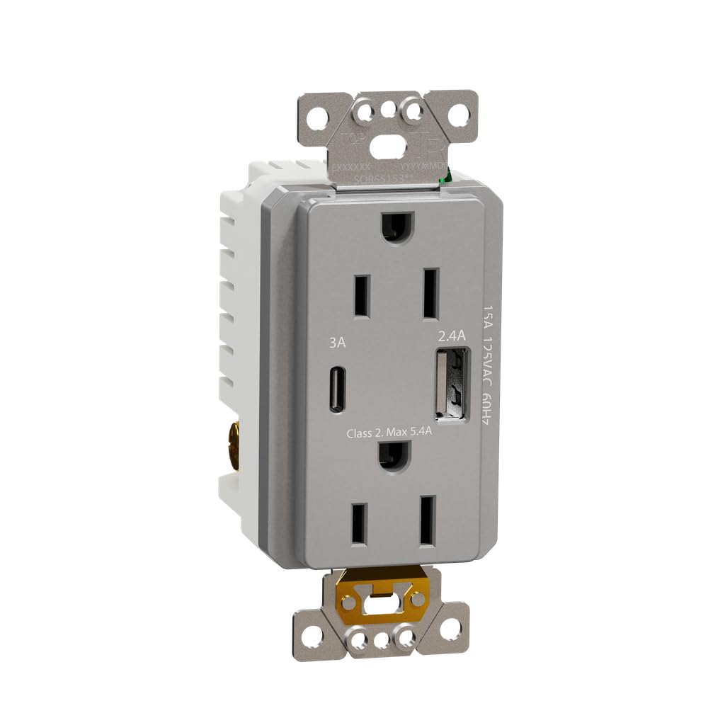 Square D by Schneider Electric X Series USB-A, USB-C, and 125 Volt Duplex Decorator Tamper Resistant Electrical Outlet, 15 Amp, Matte Black (SQR55153BK)