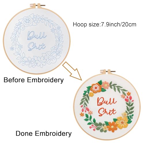 Image of Louise Maelys Funny Flower Wreath Embroidery Kit for Beginners, DIY Craft | Floral Needlepoint Kit with Pre-Printed Fabric, Hoop, Threads, Needles and Guide. Cross Stitch Starter Kit for Adults